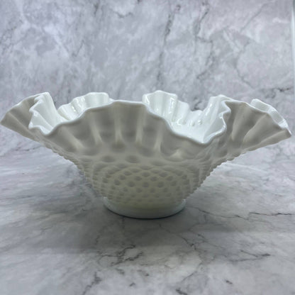 Vintage Fenton Milk Glass Hobnail 10" Inch Round Crimped Centerpiece Bowl TI8