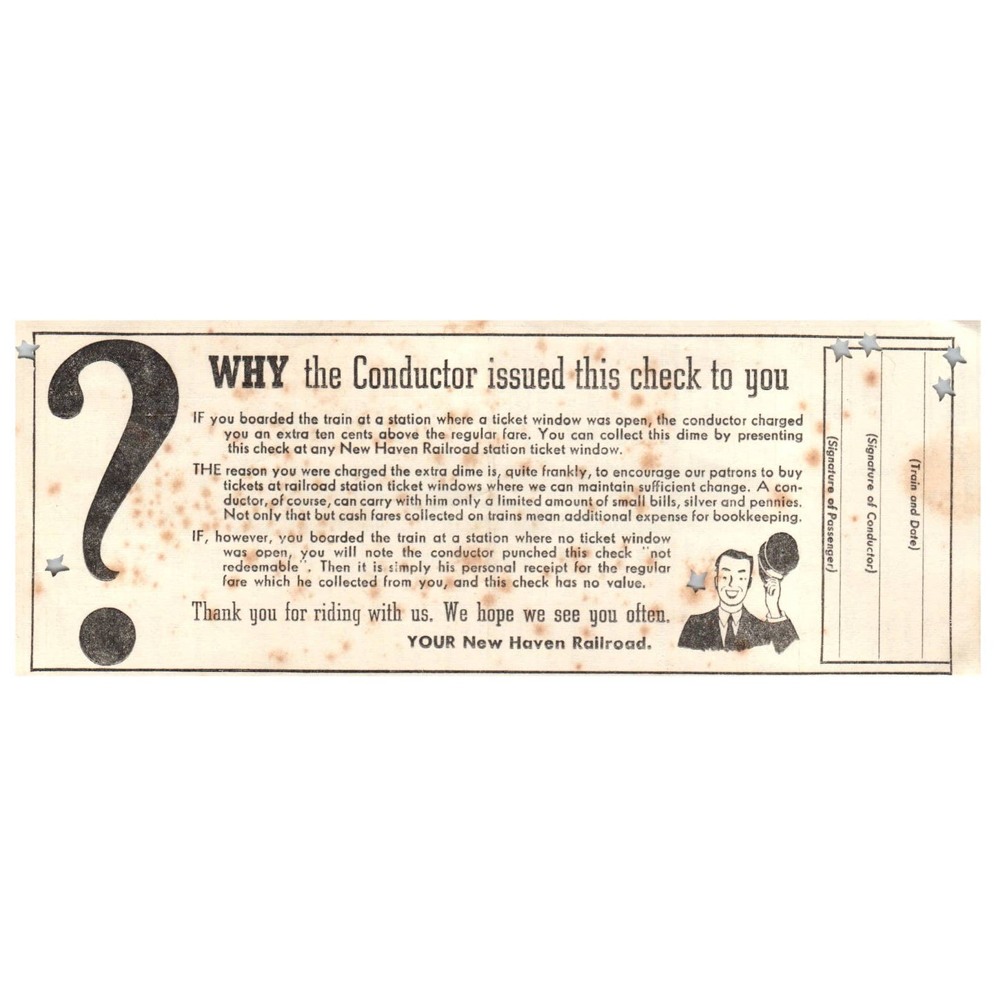 1940s New Haven Railroad Fare Voucher Punched SE4