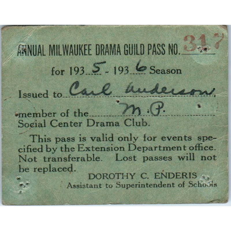 1936 Annual Milwaukee Drama Guild Pass Card Carl Anderson SE5