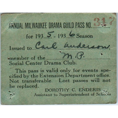 1936 Annual Milwaukee Drama Guild Pass Card Carl Anderson SE5