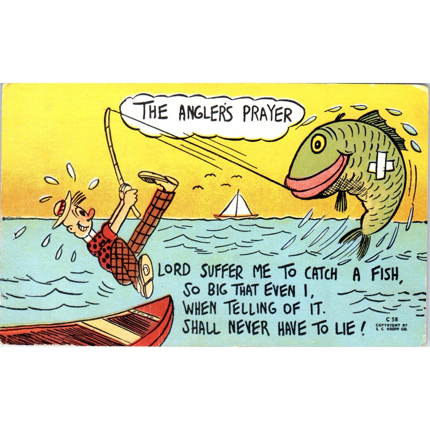 Fishing Humor The Angler's Prayer 1953 Cartoon Comic Original Postcard P3-3