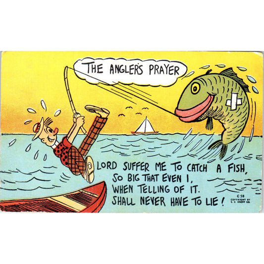 Fishing Humor The Angler's Prayer 1953 Cartoon Comic Original Postcard P3-3