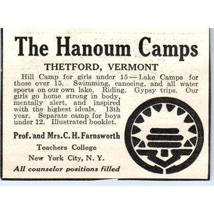 c1920 Harper's Magazine Ad - The Hanoum Camps Thetford VT C.H. Farnsworth EA3-2