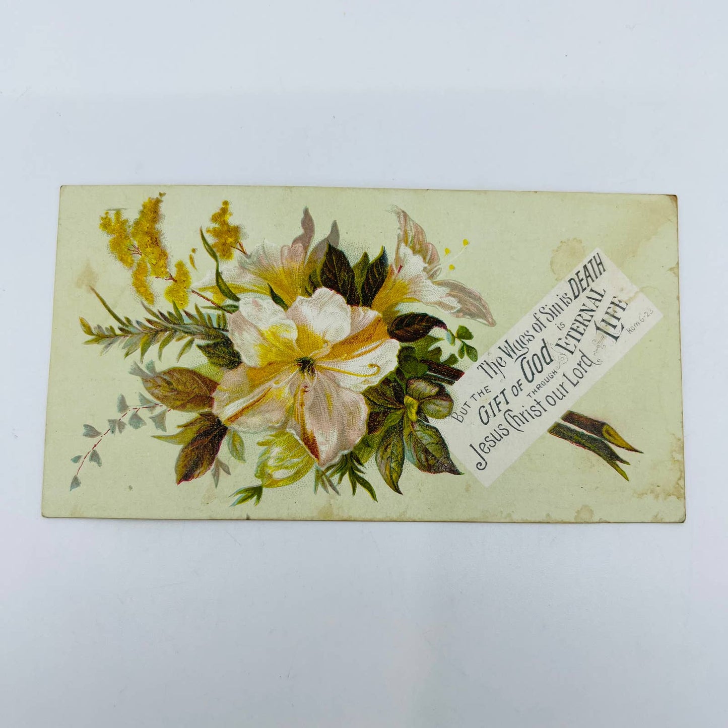 1880s Victorian Christian Verse Card Romans 6:23 Bouquet AA2