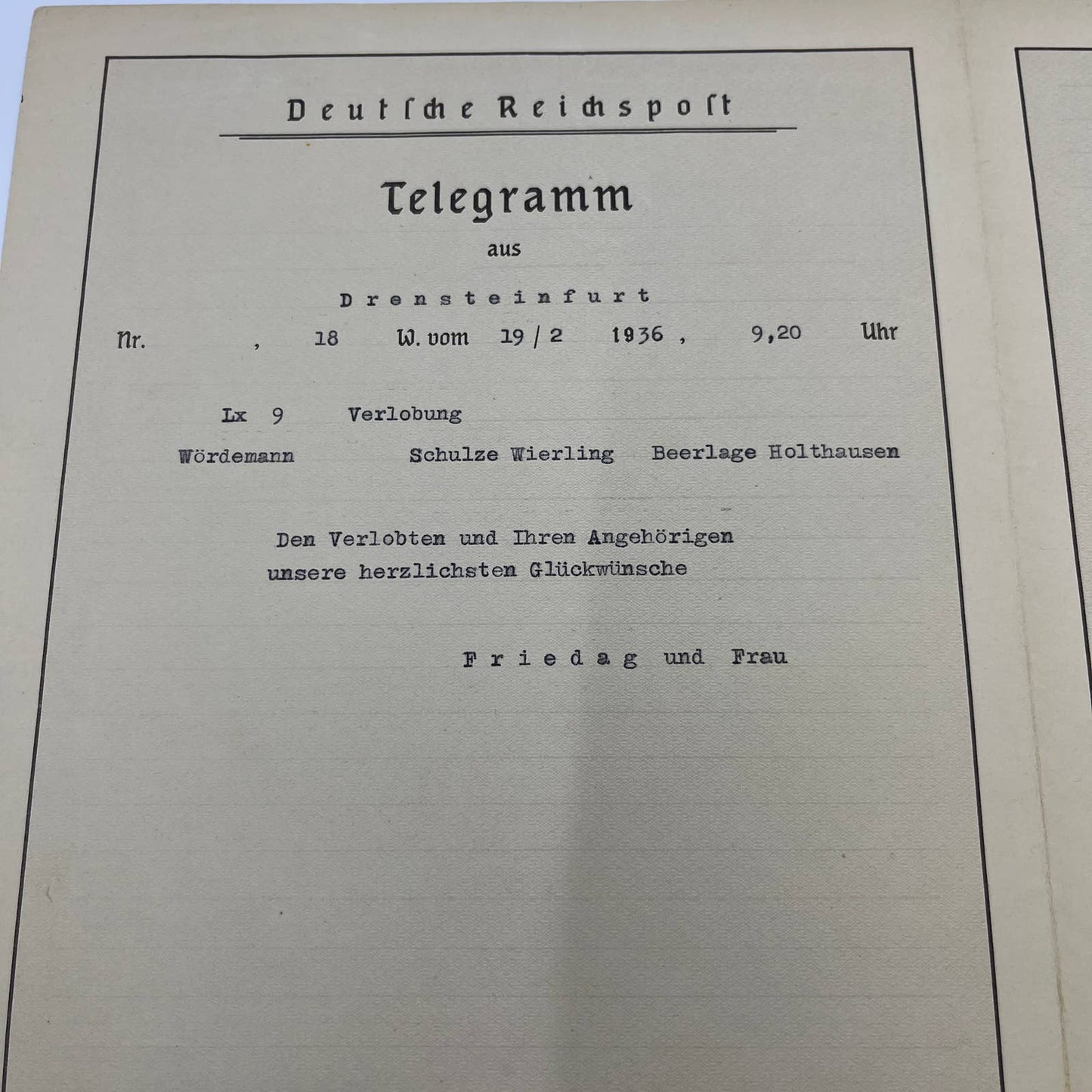 1936 German Army Telegram Deutsche Reichespost from Drensteinfurt FL4