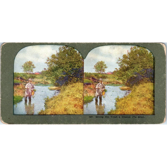 Victorian Fishing "Giving the Trout a Chance" - Antique Stereoview Card TJ1-C1