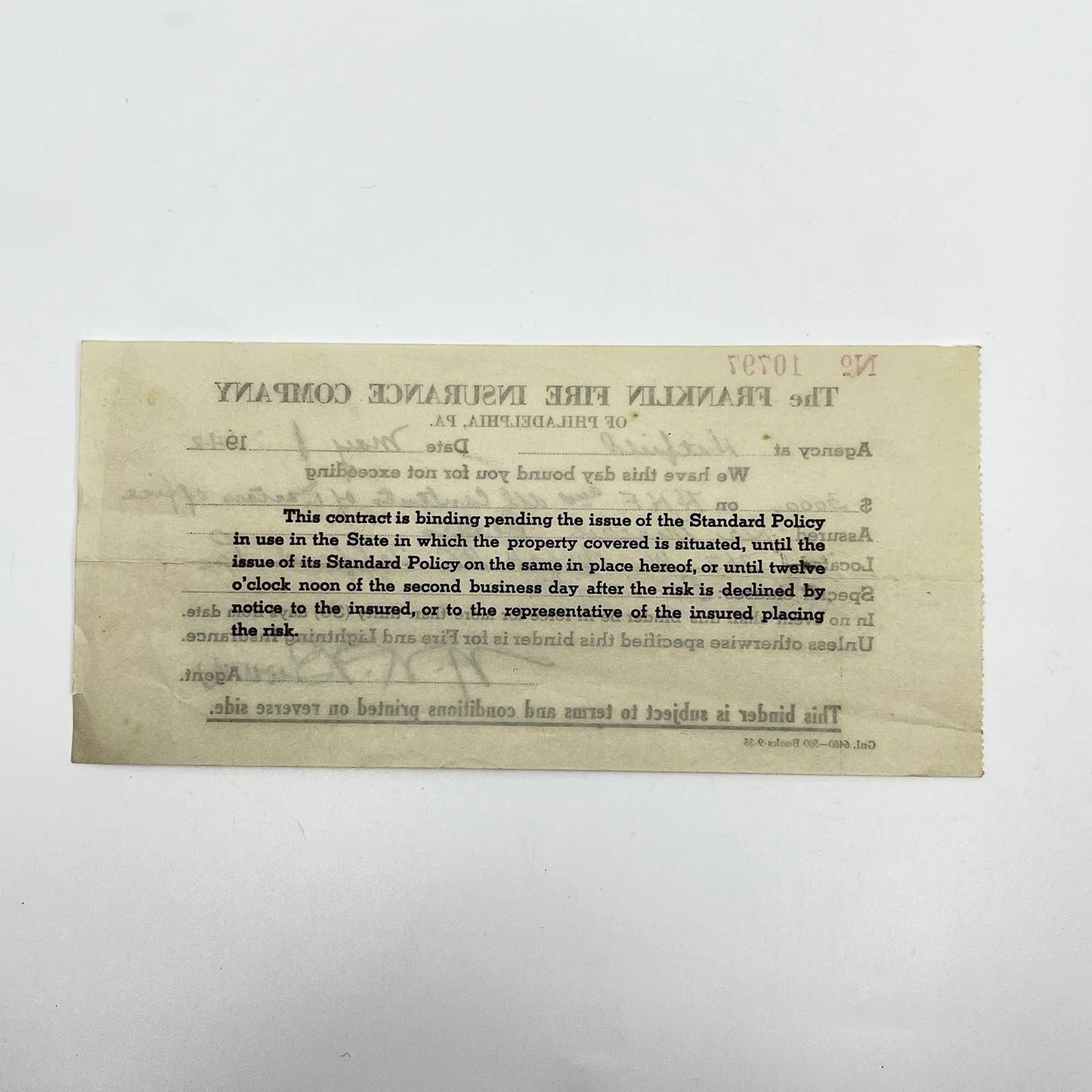 1942 The Franklin Fire Insurance Company Receipt Philadelphia PA D7