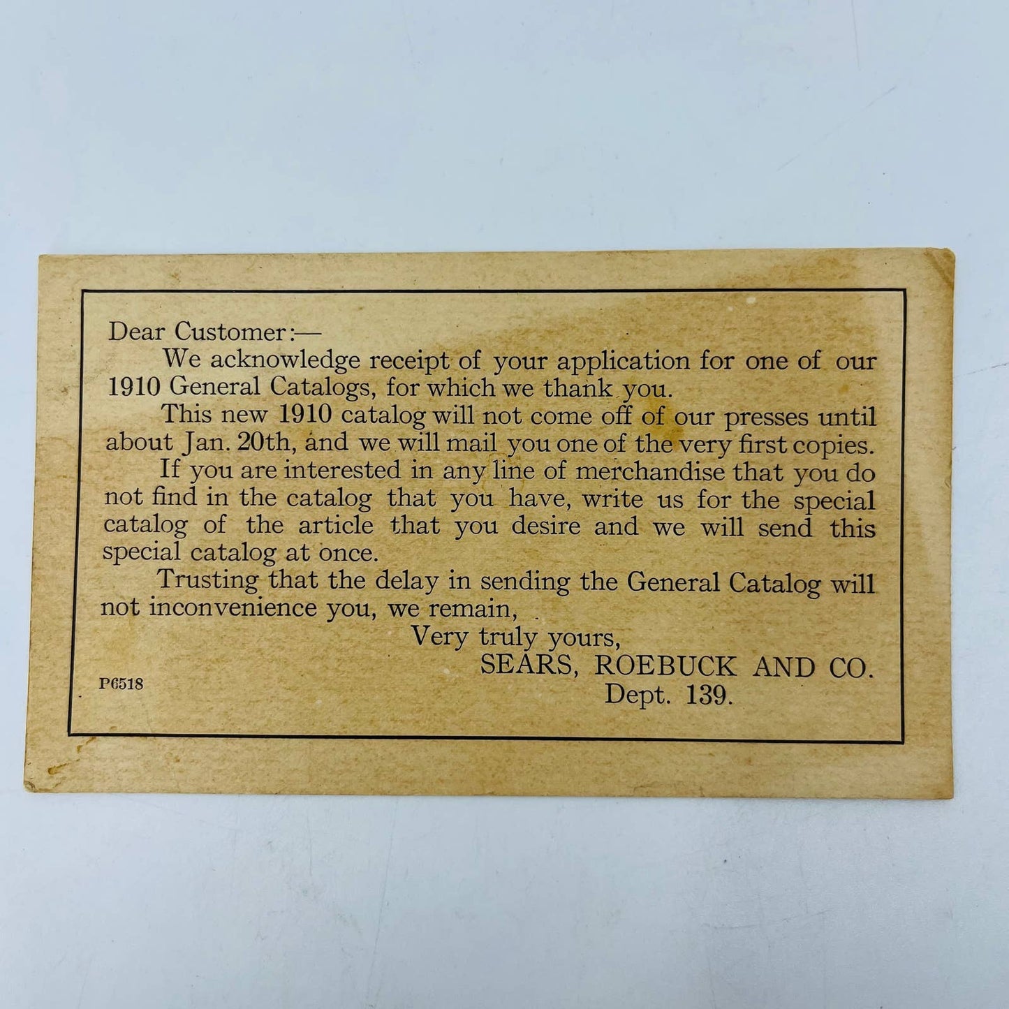 1910 Sears, Roebuck & Co. Dept. 139 Catalog Application Receipt Notification EA3