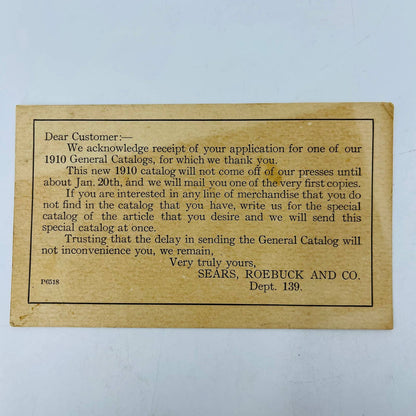 1910 Sears, Roebuck & Co. Dept. 139 Catalog Application Receipt Notification EA3