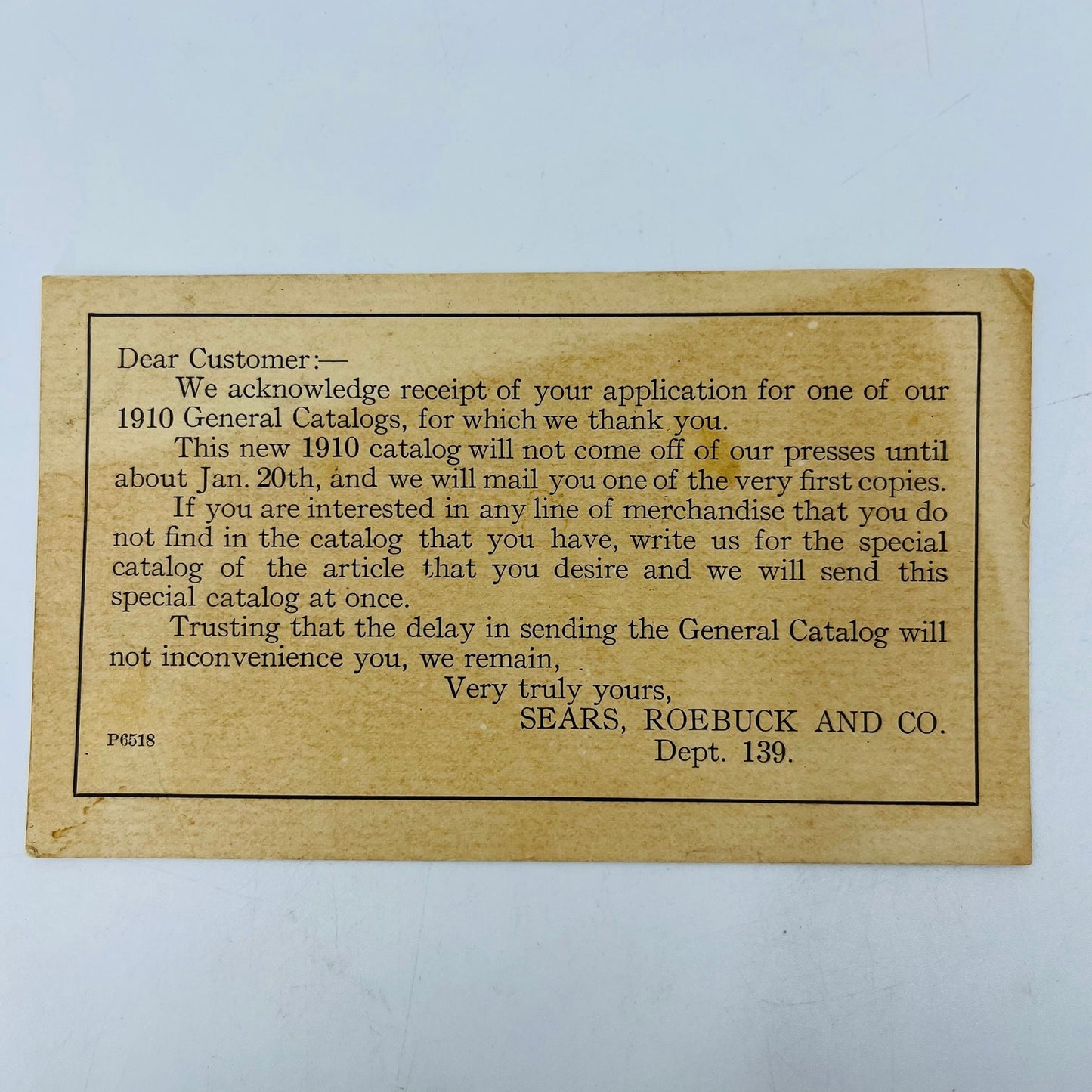 1910 Sears, Roebuck & Co. Dept. 139 Catalog Application Receipt Notification PX1