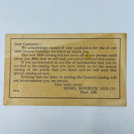 1910 Sears, Roebuck & Co. Dept. 139 Catalog Application Receipt Notification PX1