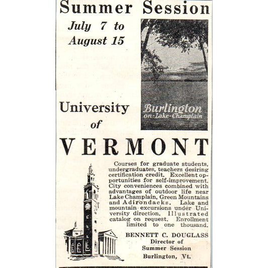 1931 University of Vermont Summer Session Burlington Advertisement ~2.5x4 SE6-1