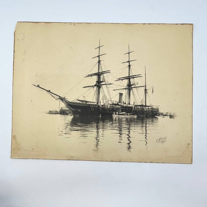 c1880 J. Geiser Alger SIGNED Print Frigate Clipper Ship 12.5 x 9.5” FL3