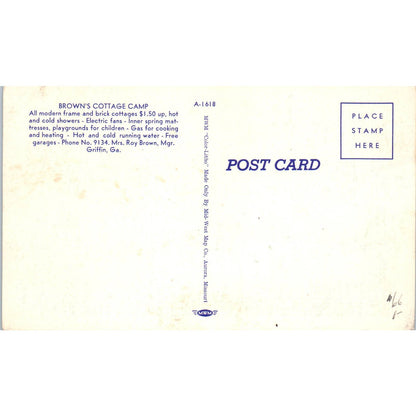 Brown's Tourist Camp Griffin GA Original Postcard TK1-21