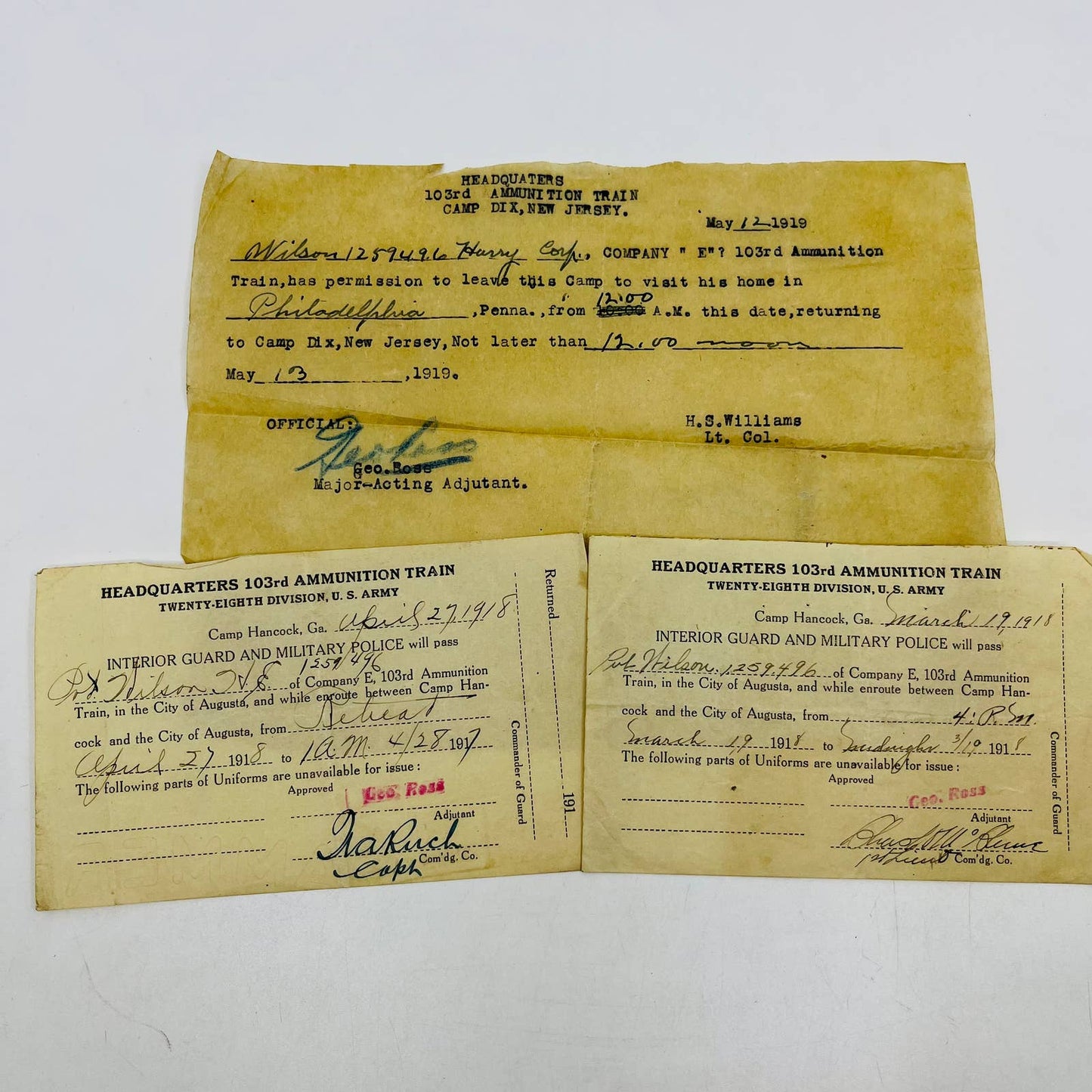 1918 WWI 28th Division 103rd Amm. Documents Corp. Harry E. Wilson Lot of 3 SC2