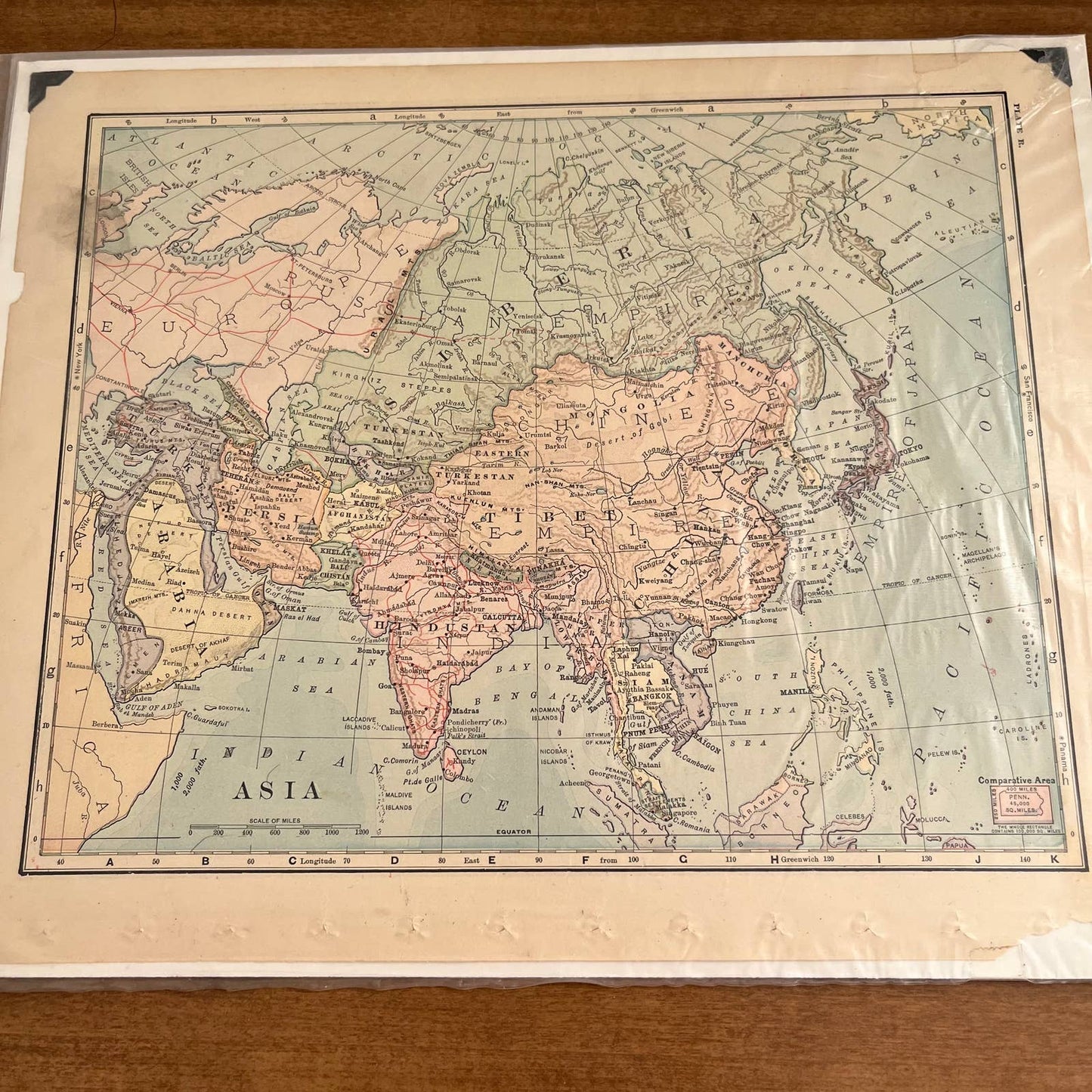 Antique 1903 Map of ASIA Color 10 x 12” FL5