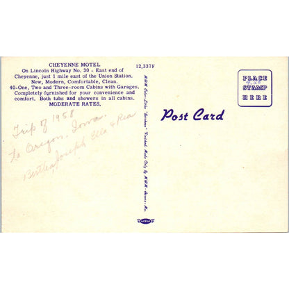 Cheyenne Motel Cheyenne Wyoming 1958 - Original Postcard TJ7-RP2