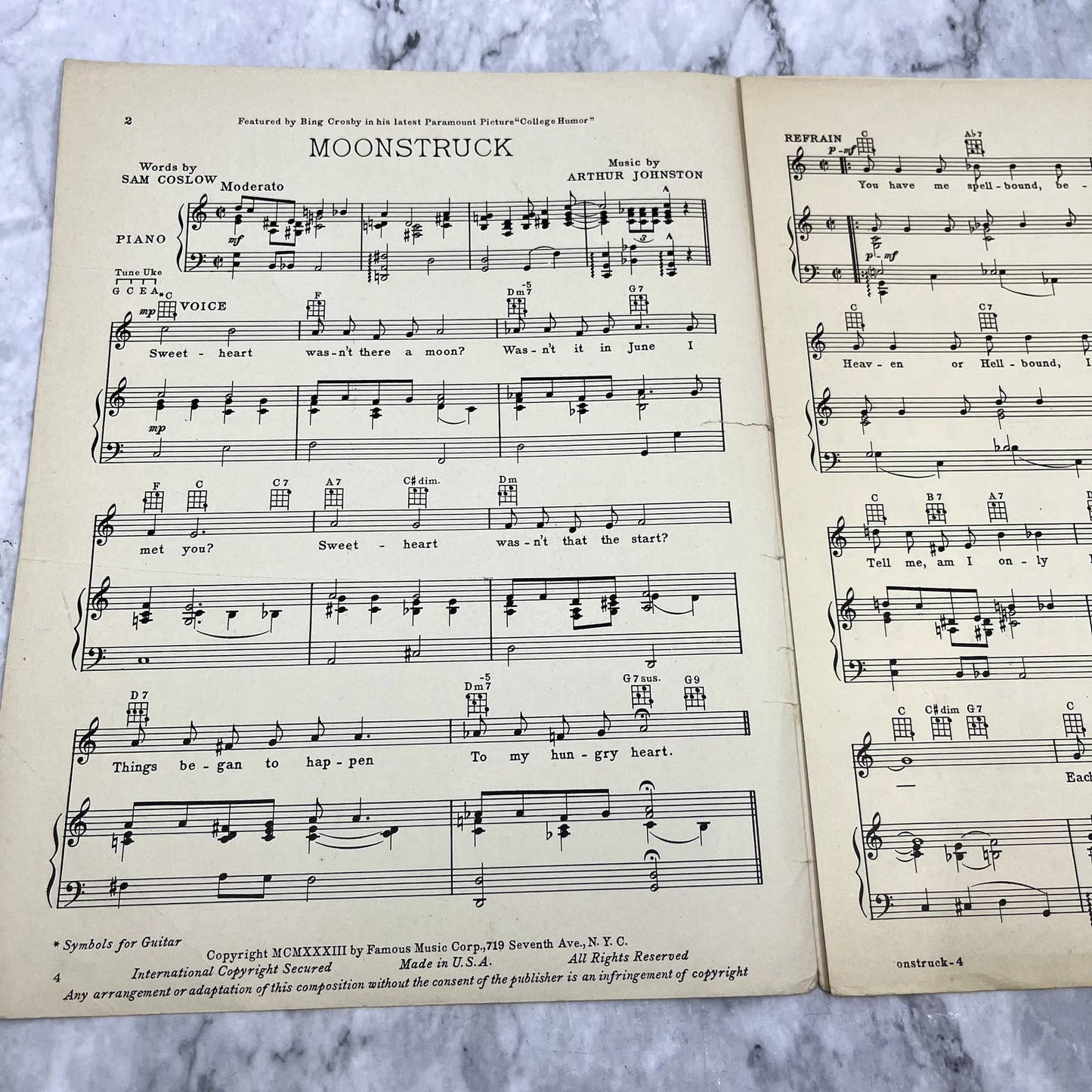 Moonstruck College Humor Bing Crosby Arthur Johnson 1933 Sheet Music TK2-SM
