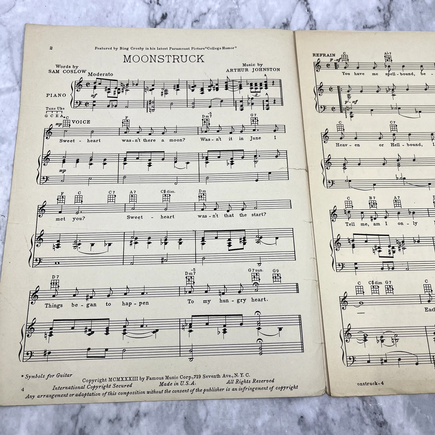 Moonstruck College Humor Bing Crosby Arthur Johnson 1933 Sheet Music V37-5