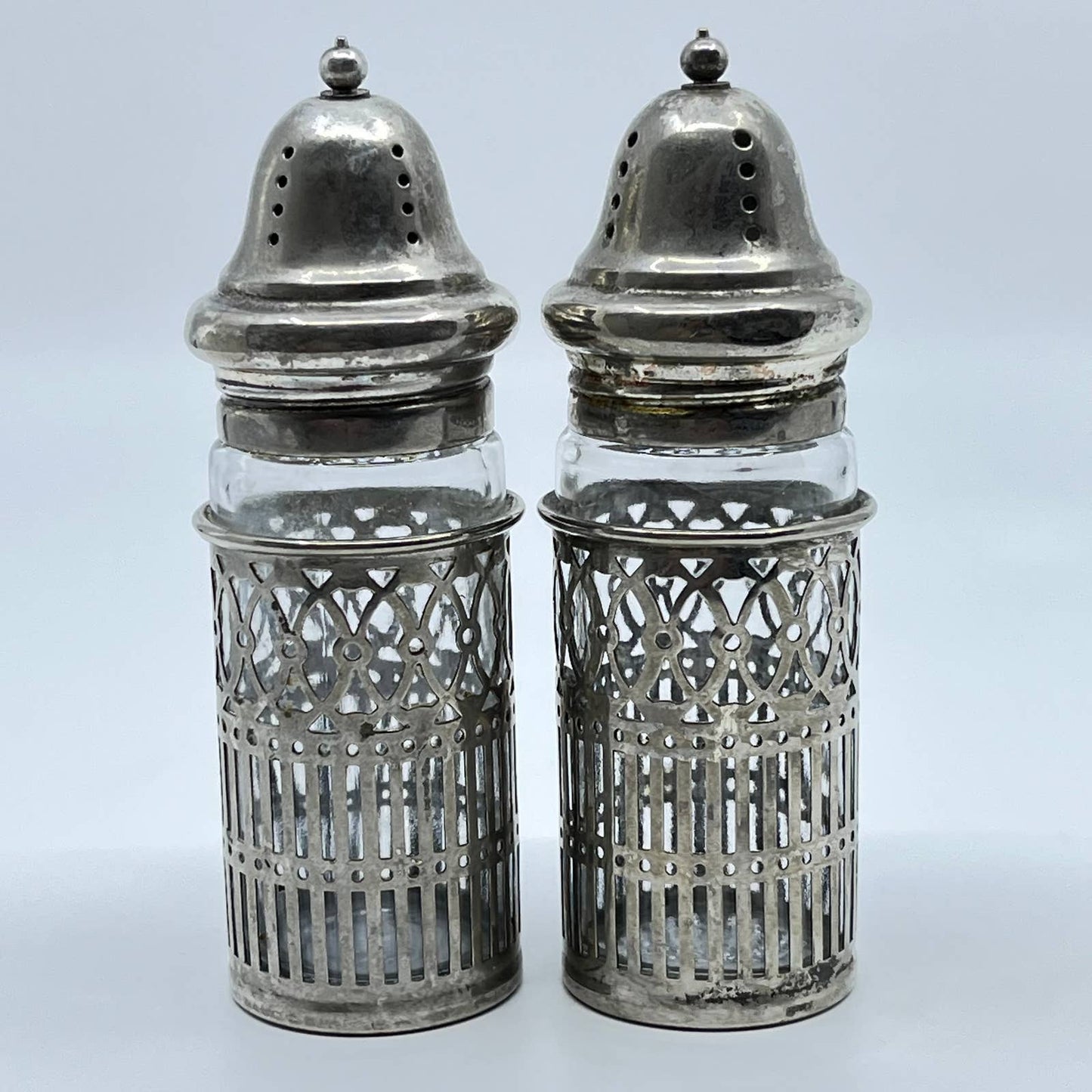 Vintage Silver Plate and Glass Salt & Pepper Shakers TF5