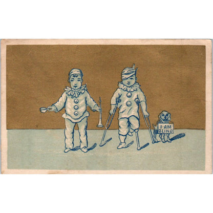 1890s Victorian Trade Card Boy Clown Beggars with Blind Dog SE4