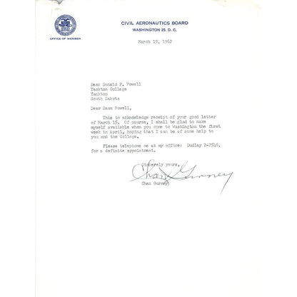 Civil Aeronautics Board Letterhead Memo Chan Gurney 1962 TK1-P7