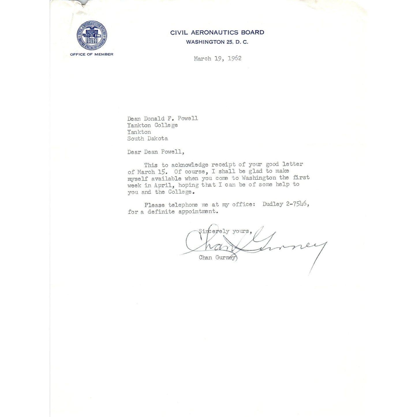 Civil Aeronautics Board Letterhead Memo Chan Gurney 1962 B16