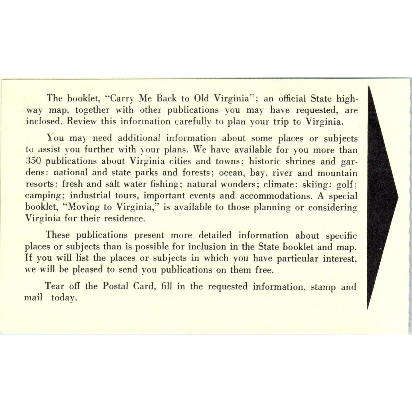 Virginia State Travel Service Planning Assistance Original Postcard TJ9-P2