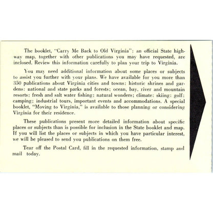 Virginia State Travel Service Planning Assistance Original Postcard TJ9-P2