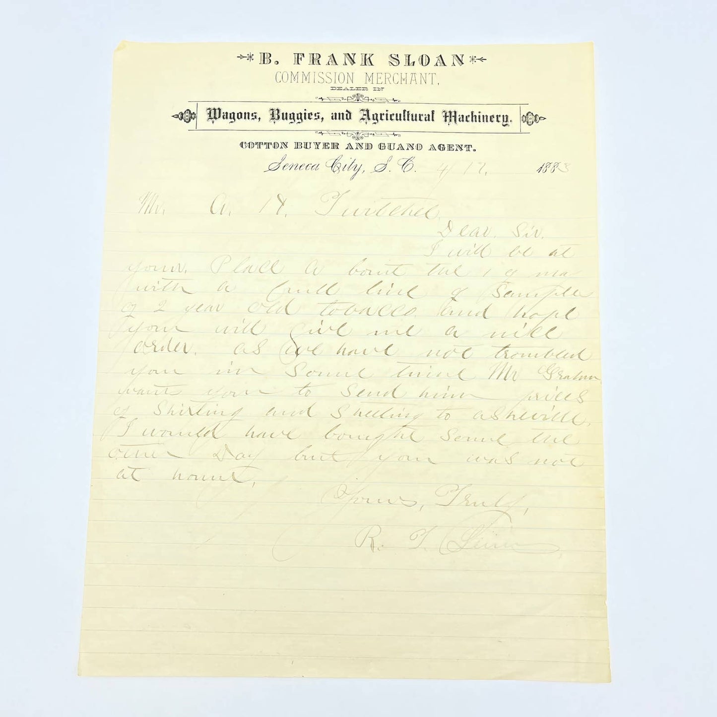 1883 B. Frank Sloan Commission Merchant Cotton Buyer Letterhead Seneca City AB9