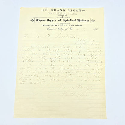 1883 B. Frank Sloan Commission Merchant Cotton Buyer Letterhead Seneca City AB9