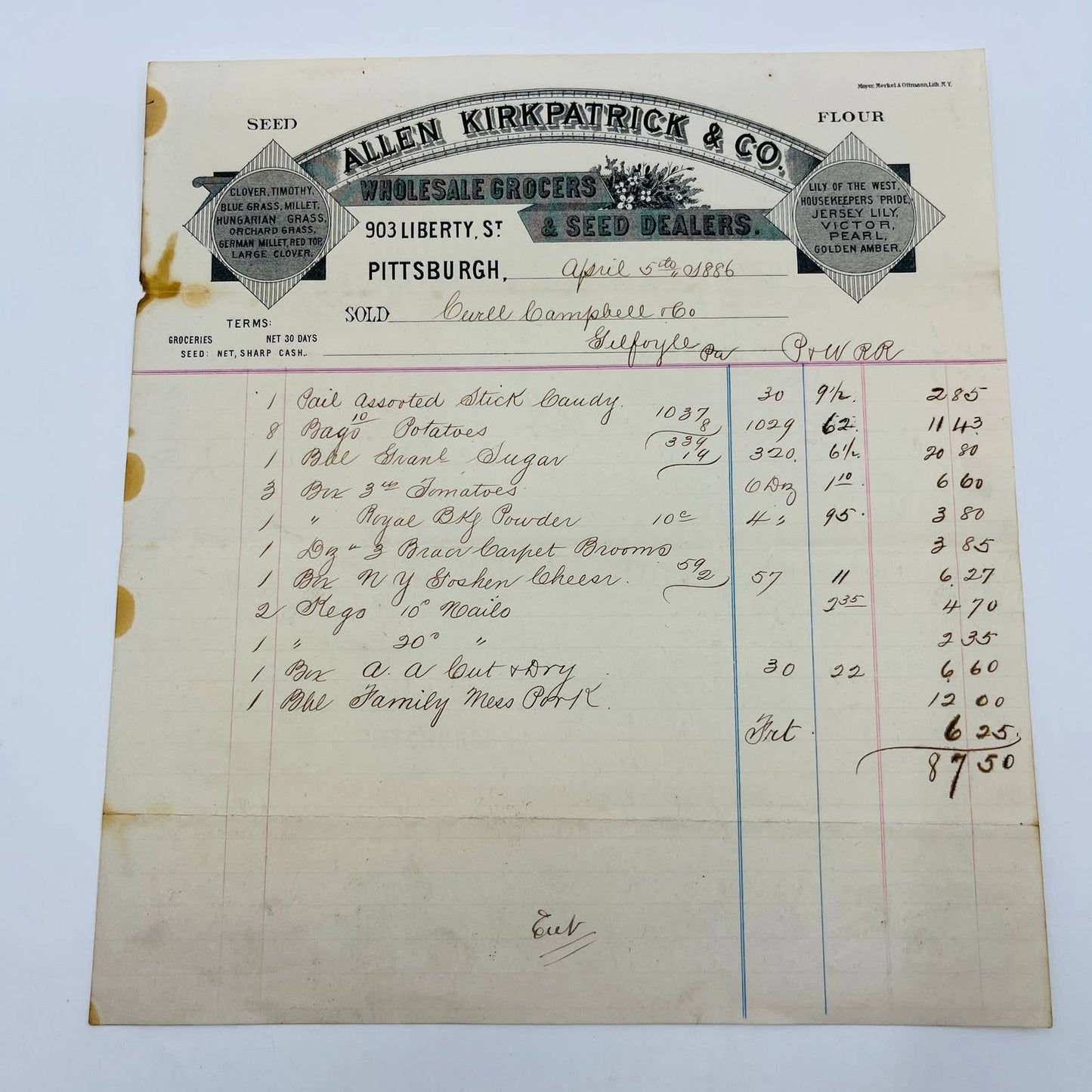 1886 Allen Kirkpatrick Grocers Pittsburgh PA Billhead Letterhead Receipt AA4