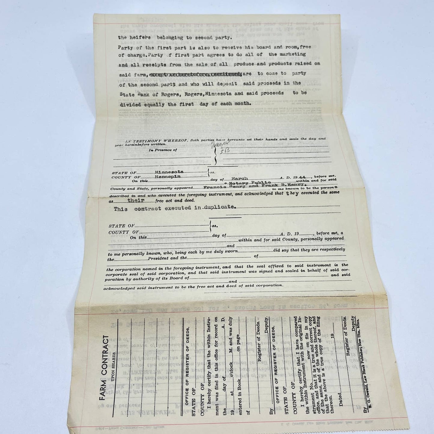 1944 Farm Contract Rogers MN Francis Henry Frank B Henry AC1