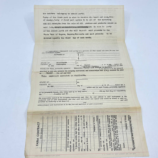 1944 Farm Contract Rogers MN Francis Henry Frank B Henry AC1