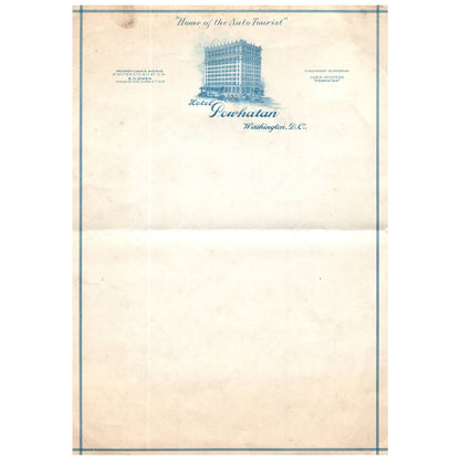 c1920 Hotel Powhatan Blank Letterhead Washington D.C. Home of the Auto Tourist AC9