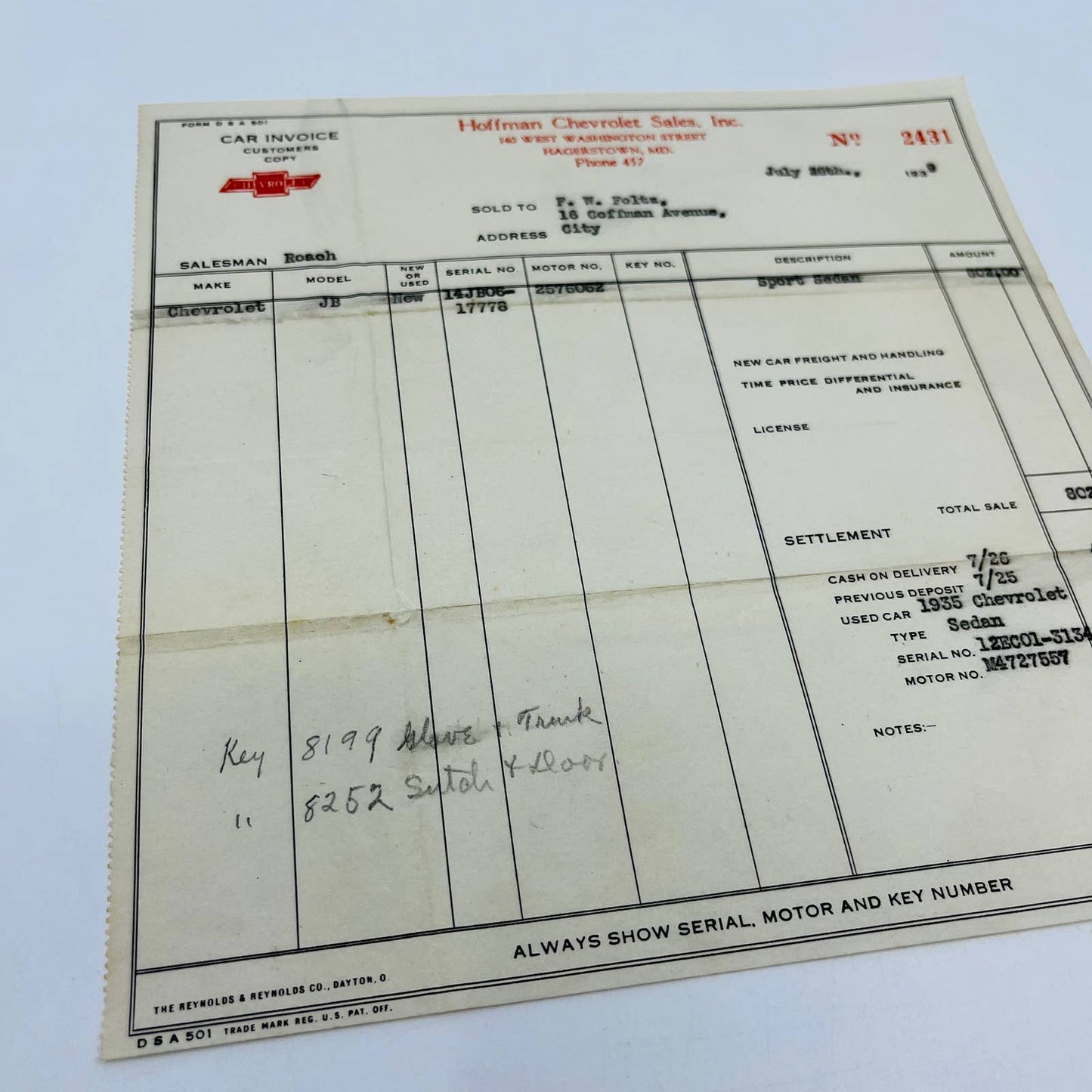 1939 Chevrolet JB Sport Sedan Invoice $802 Hoffman Chevrolet Hagerstown MD D1