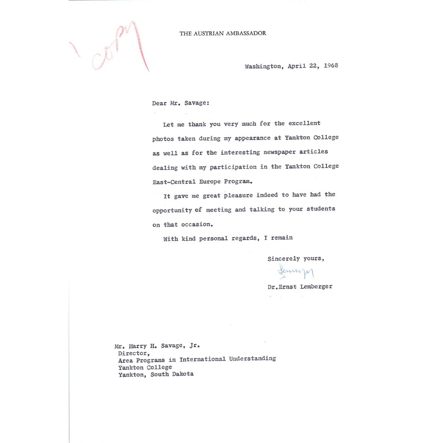 Austrian Ambassador to US Letterhead Memo Ernst Lemberger 4/22/68 TK1-P8