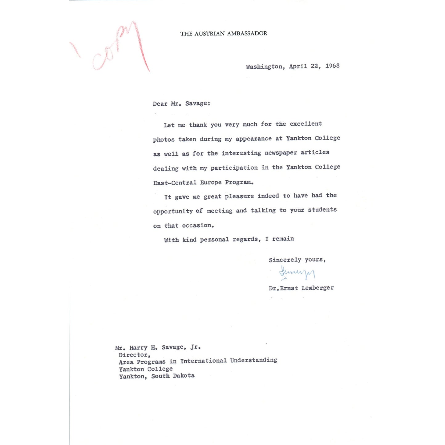 Austrian Ambassador to US Letterhead Memo Ernst Lemberger 4/22/68 B13