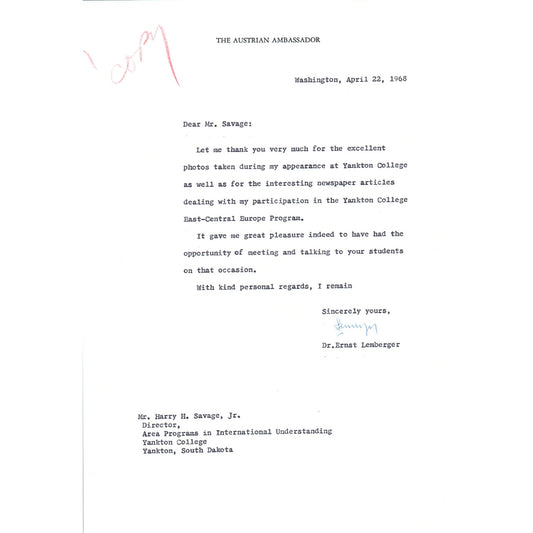 Austrian Ambassador to US Letterhead Memo Ernst Lemberger 4/22/68 B13
