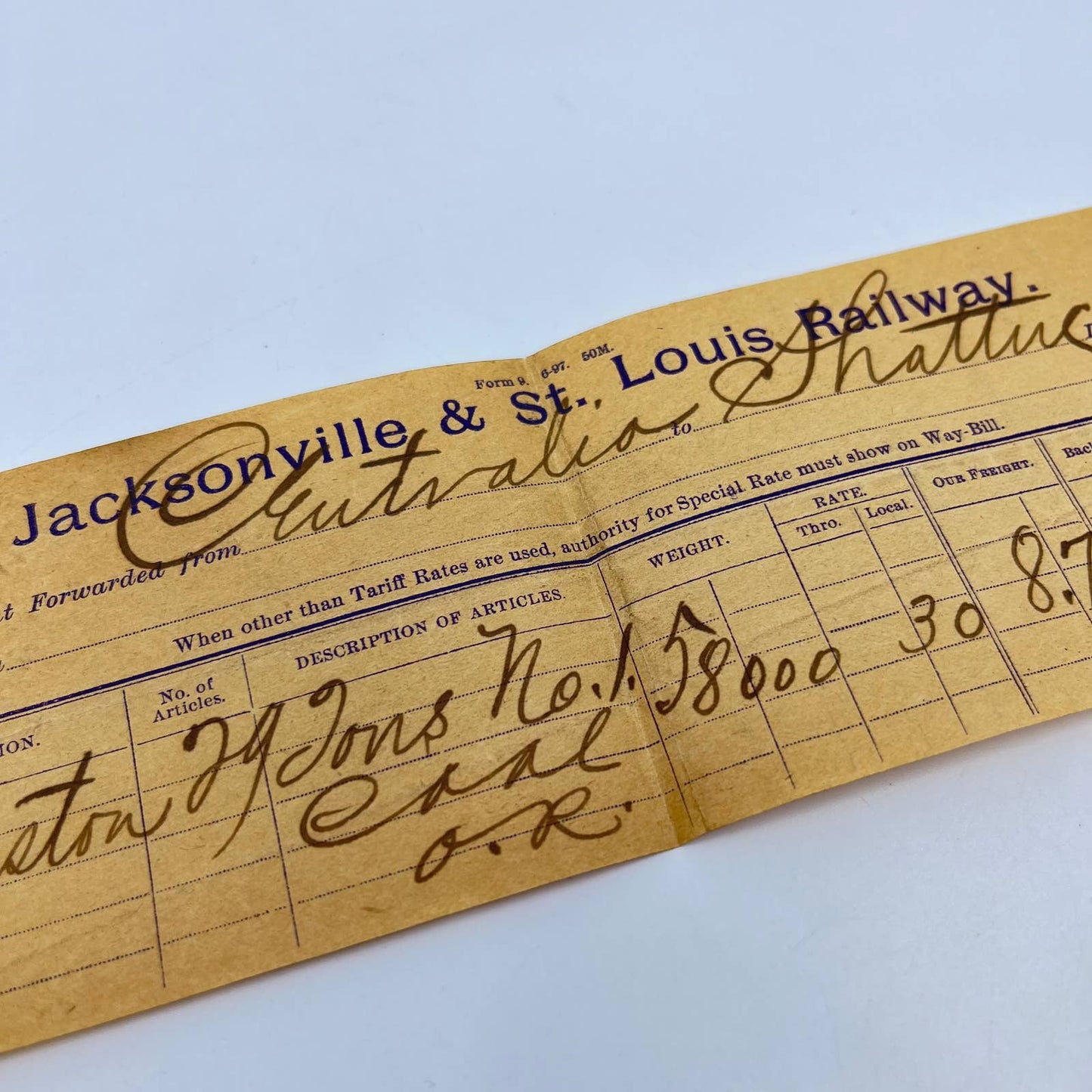 1899 Jacksonville & St. Louis Railway Way-Bill AB2