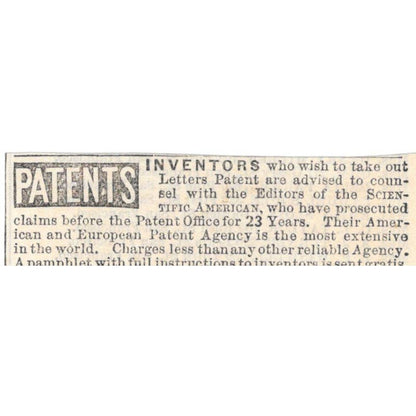 Inventor Patents Munn & Co New York - Ad 1878 Original TJ7-L2-4