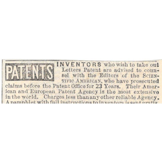 Inventor Patents Munn & Co New York - Ad 1878 Original TJ7-L2-4