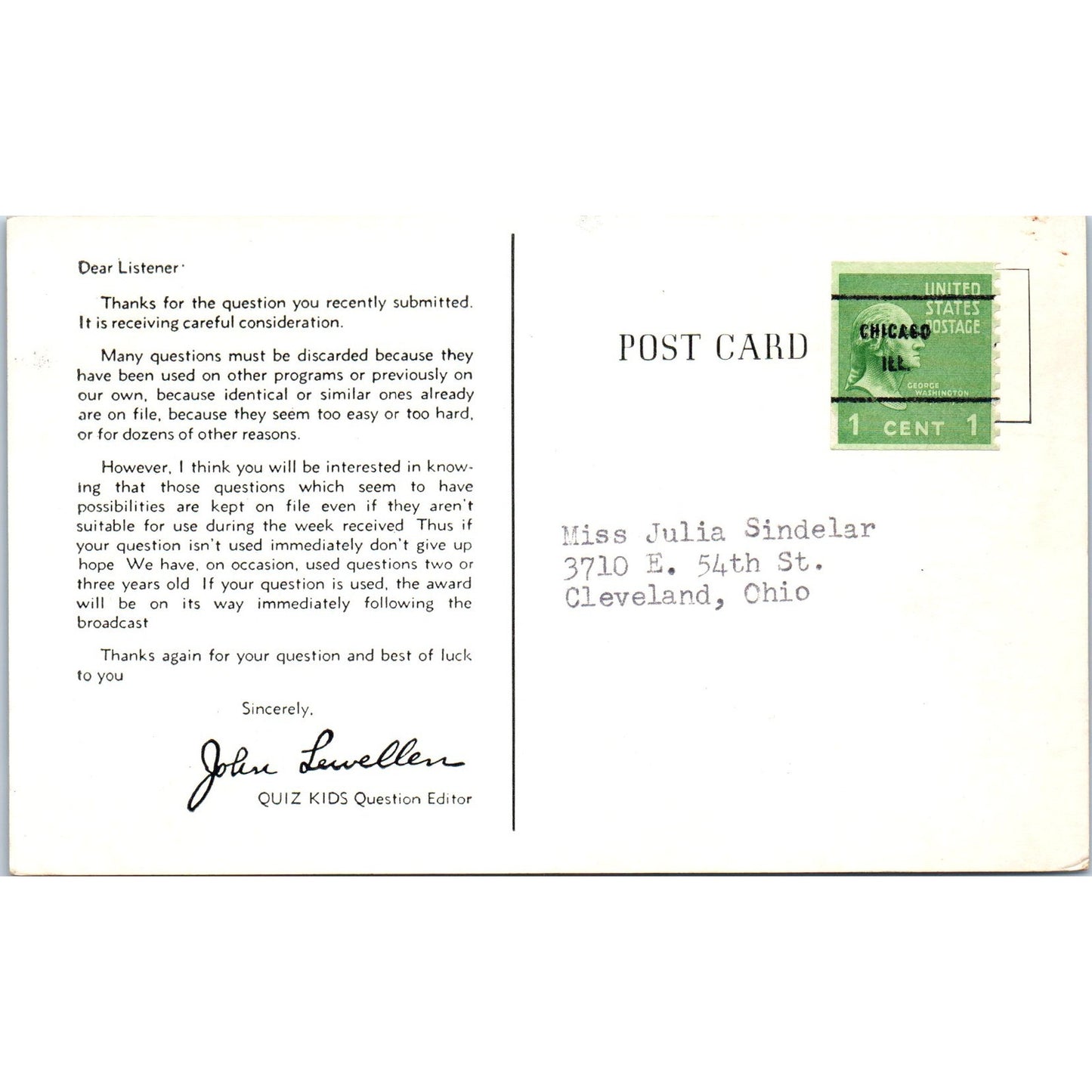 Quiz Kids TV Show Postcard John Lewellen 1946 Original Postcard P2-9