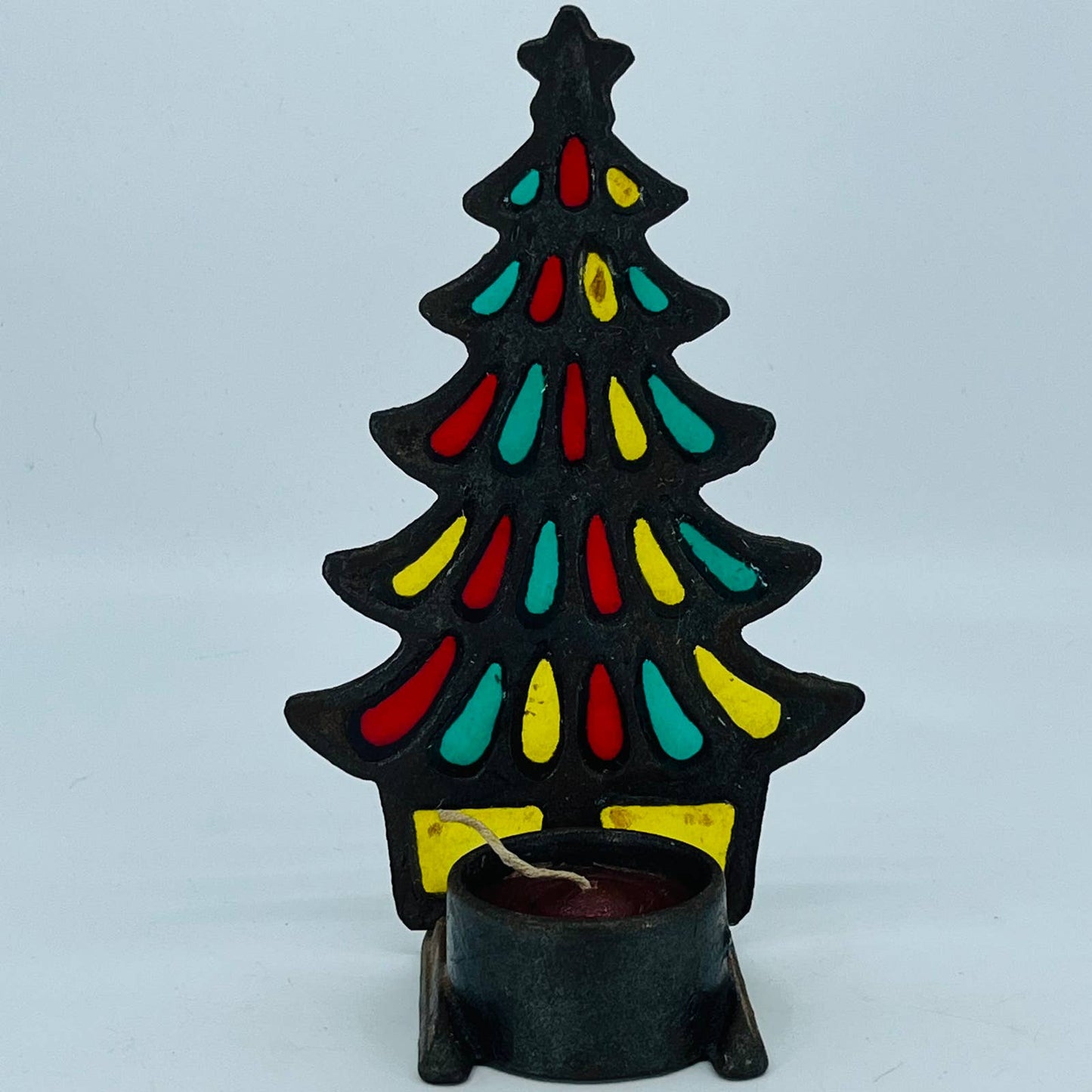 Retro 1970s Stained Glass Metal Christmas Tree Votive Candle Holder 7.5" TC9