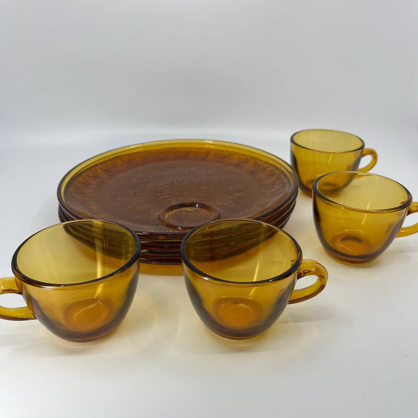 VTG Indiana Glass Golden Honey Amber Sunburst Snack Set 8 Piece Plates Cups TB5