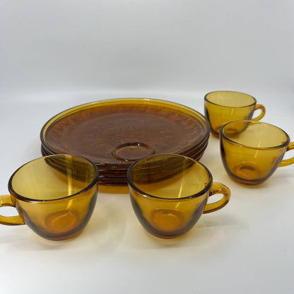 VTG Indiana Glass Golden Honey Amber Sunburst Snack Set 8 Piece Plates Cups TB5