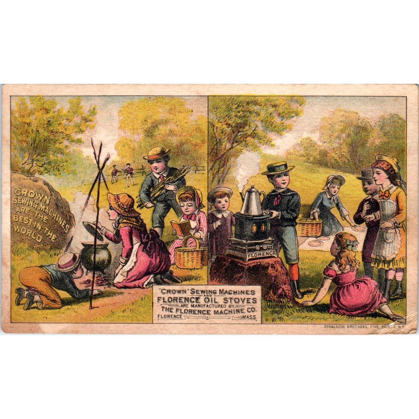 1880s Victorian Trade Card Crown Sewing Machines Florence Oil Stoves SF2-4