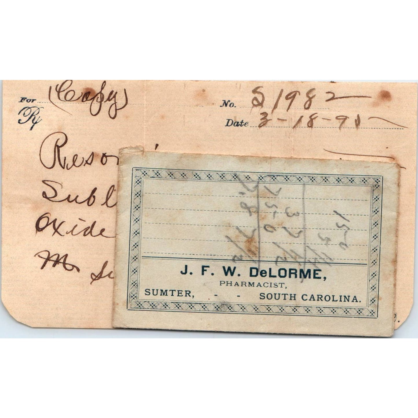 1890 Doctor's RX Slip and Envelope J.F.W. DeLorme Sumter South Carolina SE4