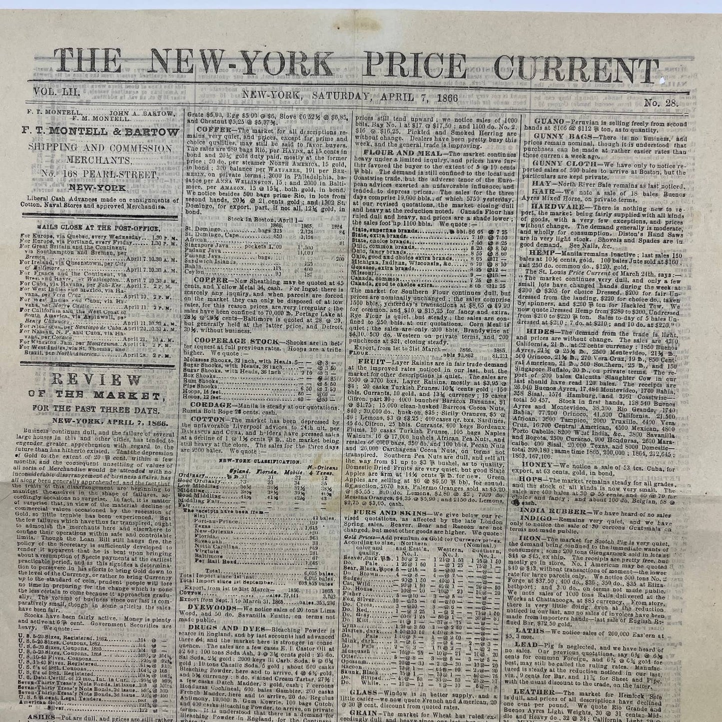 1866 New York Price Current Newspaper Stock Market Review April 7 No. 28 AC2