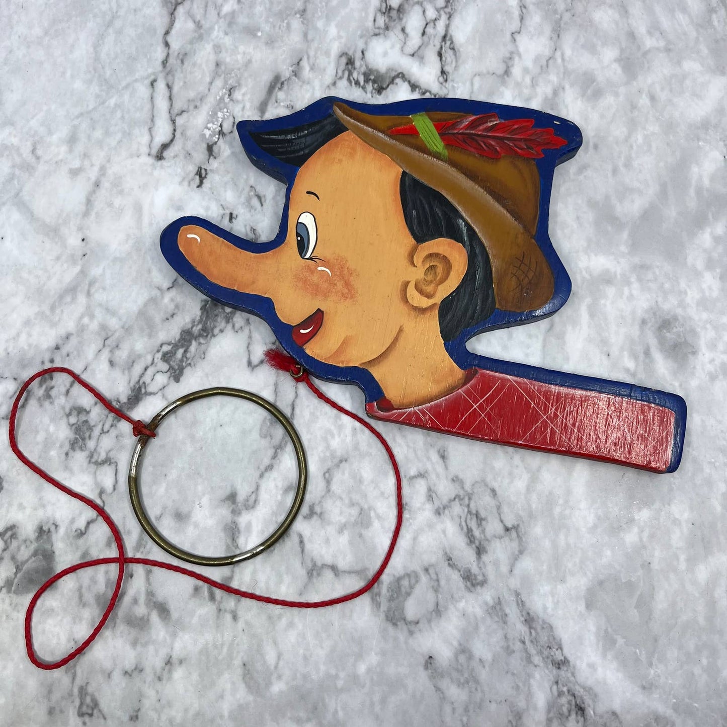 1930s RARE Disney Pinocchio Handmade Solid Wood Painted Ring Toss Toy ~9x6 TJ6